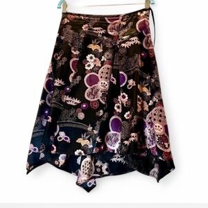 Mixit Skirt Size 4 Black Purple Pink Floral Print Asymmetrical Hem Midi